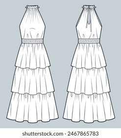 Ilustración técnica de moda de vestido en capas. Plantilla de dibujo técnico plano de moda, longitud maxi, cintura elástica, vista frontal y posterior, blanco, mujeres Vestido maqueta de CAD.