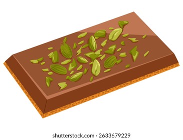 Layered Dubai chocolate bar with crunchy cookie bottom and pistachio top. Vector cartoon hand drawn dessert illustration. For sweet product design, menu graphics, packaging, stickers, promo visuals