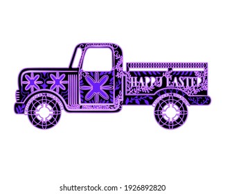 Layered Easter truck. Vector vintage pickup truck on white background. Happy Easter sign. T shirt print, easter greeting card, invitation design.