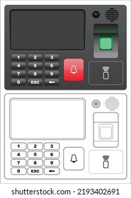 Layered Editable Vector Illustration Of Access Control System,with LCD Screen, Password Input, Fingerprint Scanning, Card Reader, Face Recognition Camera.
