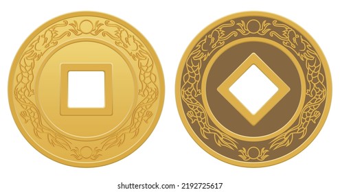 Layered editable vector illustration of ancient Chinese copper coins with dragon patterns on them.