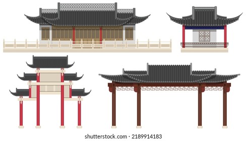 Layered editable vector illustration collection of Chinese traditional style buildings including houses, pavilions, archways.