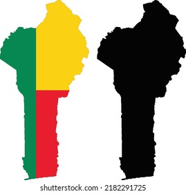 Mapa de país de Benín editable por capas, que contiene dos versiones, la colorida versión de bandera de país y la silueta negra