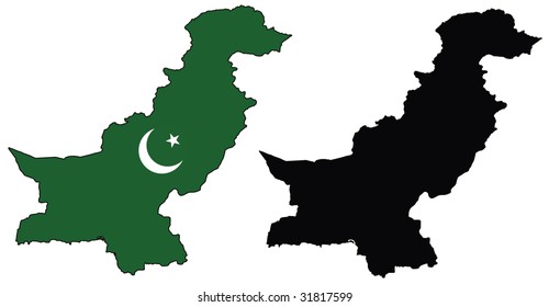 Layered editable vector illustration country map of Pakistan,which contains two versions, colorful country flag version and black silhouette version.