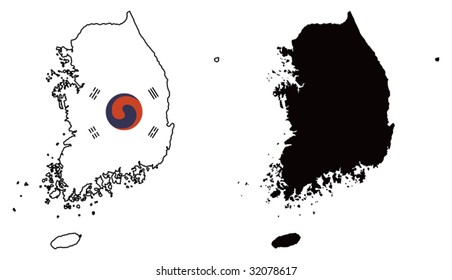 Layered editable vector illustration country map of Korea,which contains two versions, colorful country flag version and black silhouette version.