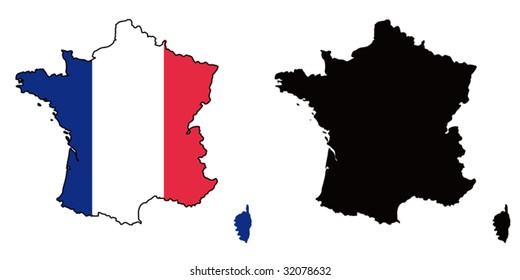 Layered editable vector illustration country map of France,which contains two versions, colorful country flag version and black silhouette version.