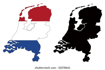 Layered editable vector illustration country map of Netherlands,which contains two versions, colorful country flag version and black silhouette version.
