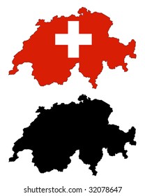 Layered editable vector illustration country map of Switzerland,which contains two versions, colorful country flag version and black silhouette version.