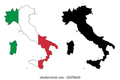 Layered editable vector illustration country map of Italy,which contains two versions, colorful country flag version and black silhouette version.