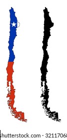 Layered editable vector illustration country map of Chile,which contains two versions, colorful country flag version and black silhouette version.