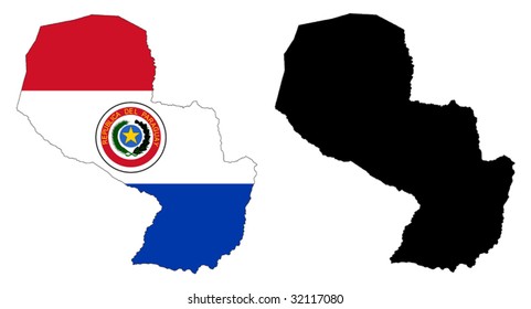 Layered editable vector illustration country map of Paraguay,which contains two versions, colorful country flag version and black silhouette version.