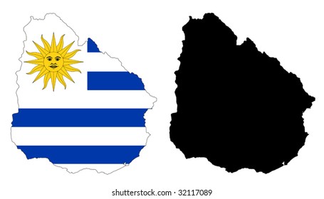 Layered editable vector illustration country map of Uruguay,which contains two versions, colorful country flag version and black silhouette version.