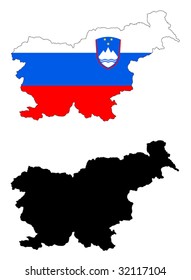 Layered editable vector illustration country map of Slovenia,which contains two versions, colorful country flag version and black silhouette version.