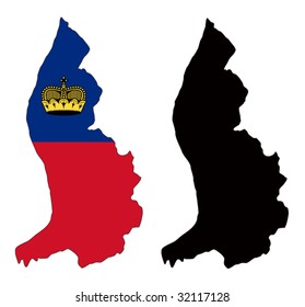 Layered editable vector illustration country map of Liechtenstein,which contains two versions, colorful country flag version and black silhouette version.