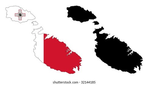 Layered editable vector illustration country map of Malta,which contains two versions, colorful country flag version and black silhouette version.