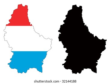 Layered editable vector illustration country map of Luxembourg,which contains two versions, colorful country flag version and black silhouette version.