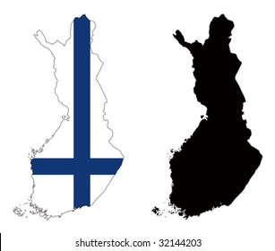 Layered editable vector illustration country map of Finland,which contains two versions, colorful country flag version and black silhouette version.