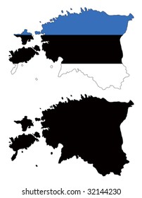 Layered editable vector illustration country map of Estonia,which contains two versions, colorful country flag version and black silhouette version.