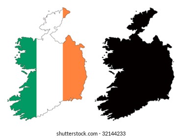 Layered editable vector illustration country map of Ireland,which contains two versions, colorful country flag version and black silhouette version.