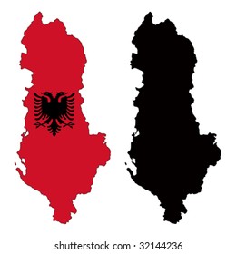 Layered editable vector illustration country map of Albania,which contains two versions, colorful country flag version and black silhouette version.