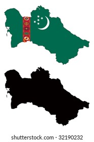 Layered editable vector illustration country map of Turkmenistan,which contains two versions, colorful country flag version and black silhouette version.