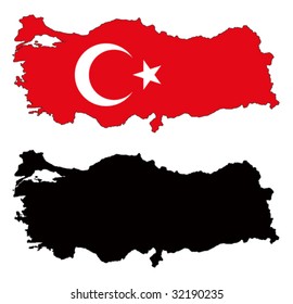 Layered editable vector illustration country map of Turkey,which contains two versions, colorful country flag version and black silhouette version.