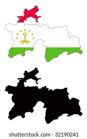 Layered editable vector illustration country map of Tajikistan,which contains two versions, colorful country flag version and black silhouette version.