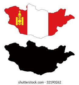 Layered editable vector illustration country map of Mongolia,which contains two versions, colorful country flag version and black silhouette version.
