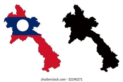 Layered editable vector illustration country map of Laos,which contains two versions, colorful country flag version and black silhouette version.