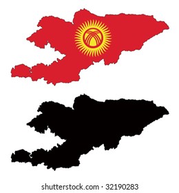 Layered editable vector illustration country map of Kyrgyzstan,which contains two versions, colorful country flag version and black silhouette version.