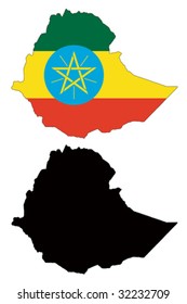 Layered editable vector illustration country map of Ethiopia,which contains two versions, colorful country flag version and black silhouette version.