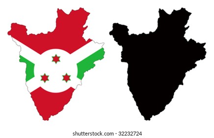 Layered editable vector illustration country map of Burundi,which contains two versions, colorful country flag version and black silhouette version.