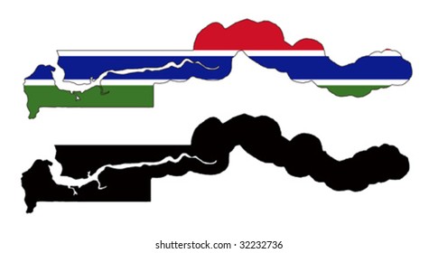 Layered editable vector illustration country map of Gambia,which contains two versions, colorful country flag version and black silhouette version.