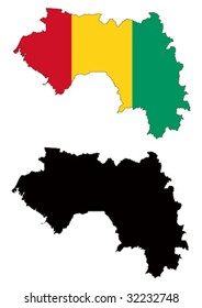 Layered editable vector illustration country map of Guinea,which contains two versions, colorful country flag version and black silhouette version.