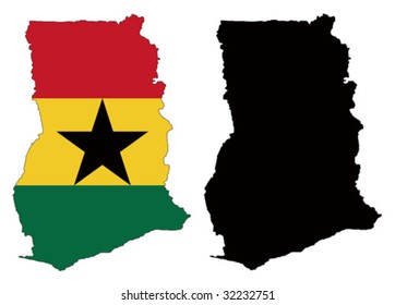 Layered editable vector illustration country map of Ghana,which contains two versions, colorful country flag version and black silhouette version.