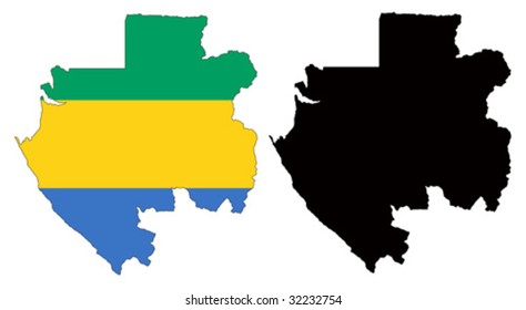 Layered editable vector illustration country map of Gabon,which contains two versions, colorful country flag version and black silhouette version.