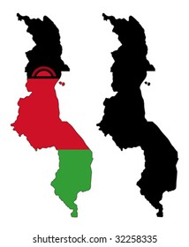 Layered editable vector illustration country map of Malawi,which contains two versions, colorful country flag version and black silhouette version.