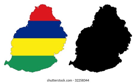 Layered editable vector illustration country map of Mauritius,which contains two versions, colorful country flag version and black silhouette version.