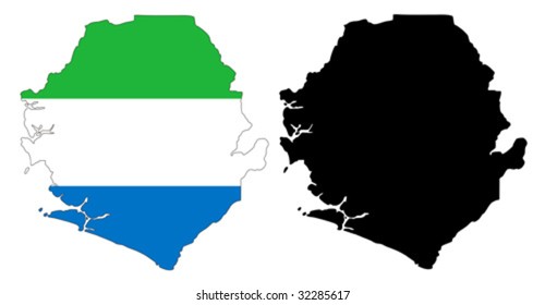 Layered editable vector illustration country map of Sierra Leone,which contains two versions, colorful country flag version and black silhouette version.