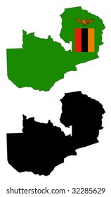 Layered editable vector illustration country map of Zambia,which contains two versions, colorful country flag version and black silhouette version.