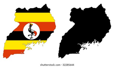 Layered editable vector illustration country map of Uganda,which contains two versions, colorful country flag version and black silhouette version.