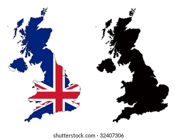 Layered editable vector illustration country map of The United Kingdom,which contains two versions, colorful country flag version and black silhouette version.