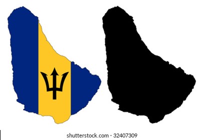 Layered editable vector illustration country map of Barbados,which contains two versions, colorful country flag version and black silhouette version. 