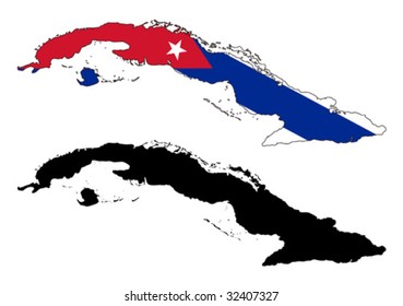 Layered editable vector illustration country map of Cuba,which contains two versions, colorful country flag version and black silhouette version.