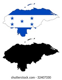 Layered editable vector illustration country map of Honduras,which contains two versions, colorful country flag version and black silhouette version.