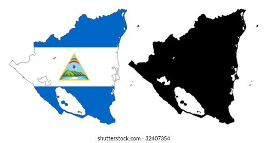 Layered editable vector illustration country map of Nicaragua,which contains two versions, colorful country flag version and black silhouette version.