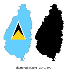 Layered editable vector illustration country map of Saint Lucia,which contains two versions, colorful country flag version and black silhouette version.