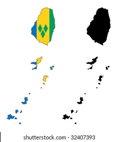 Layered editable vector illustration country map of Saint Vincent and the Grenadines,which contains two versions, colorful country flag version and black silhouette version.