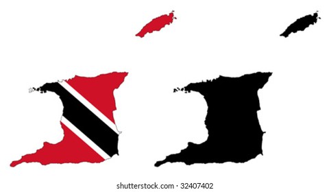 Layered editable vector illustration country map of Trinidad and Tobago,which contains two versions, colorful country flag version and black silhouette version.