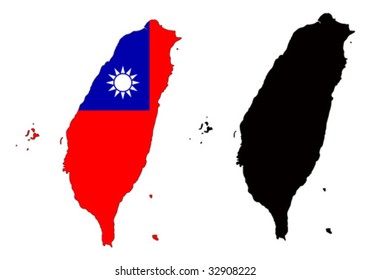 Layered editable vector illustration country map of Taiwan,which contains two versions, colorful country flag version and black silhouette version.